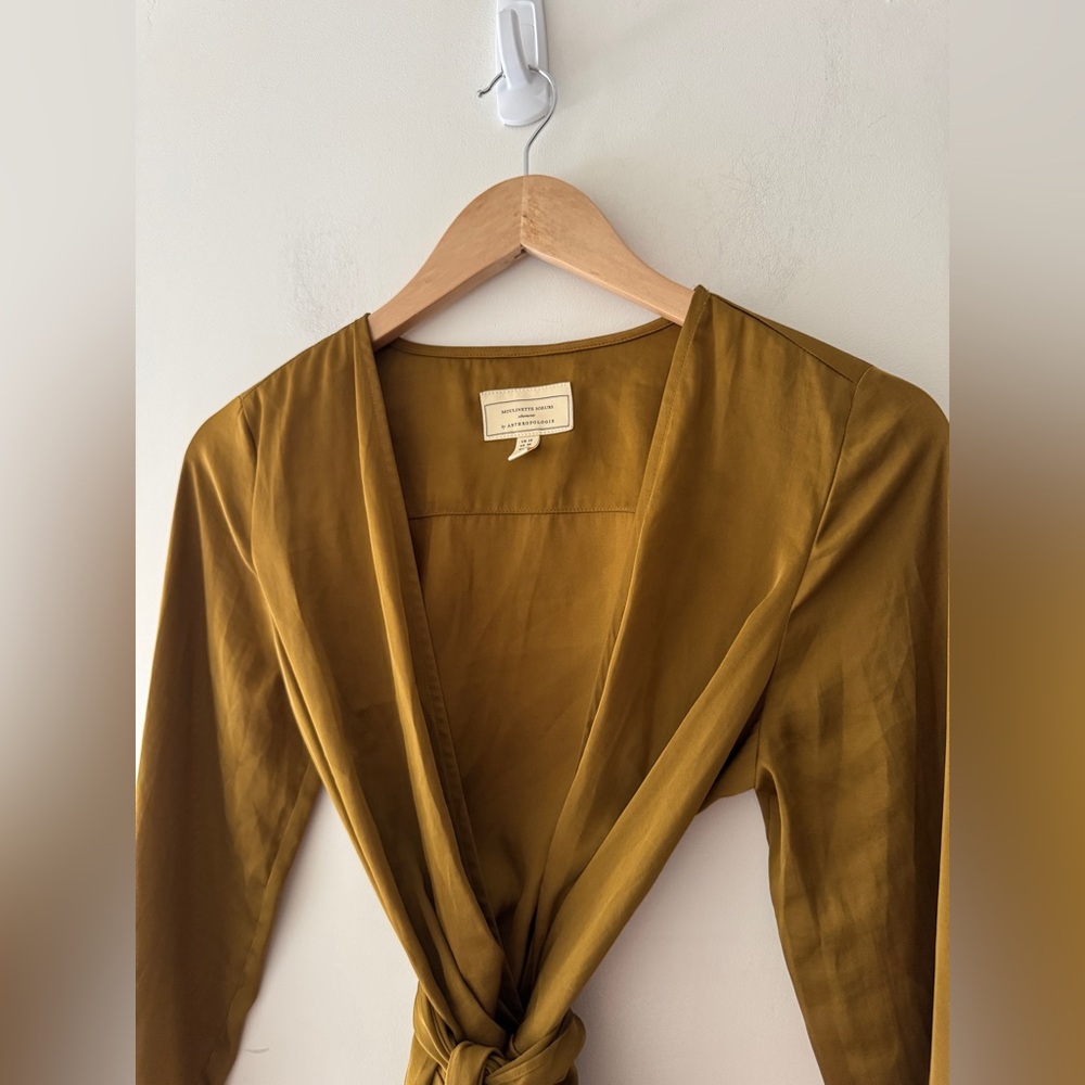 Anthropologie x Moulinette Soeurs Brynn Drapey Satin Faux‎ Wrap Tie Brown Blouse - Picture 4 of 9
